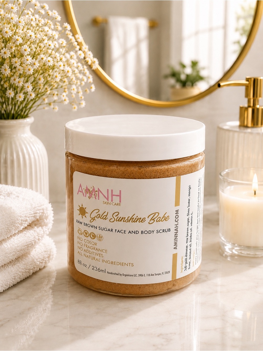 🆕 Aminnah Gold Sunshine Babe Raw Brown Sugar Face & Body Scrub - Brown